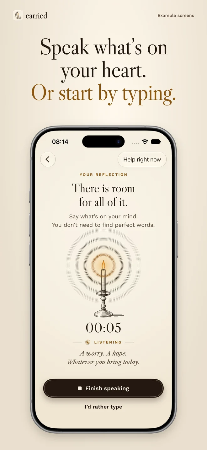 Carried App Store screenshot: Reflection screen with prompts and the choice to speak or type