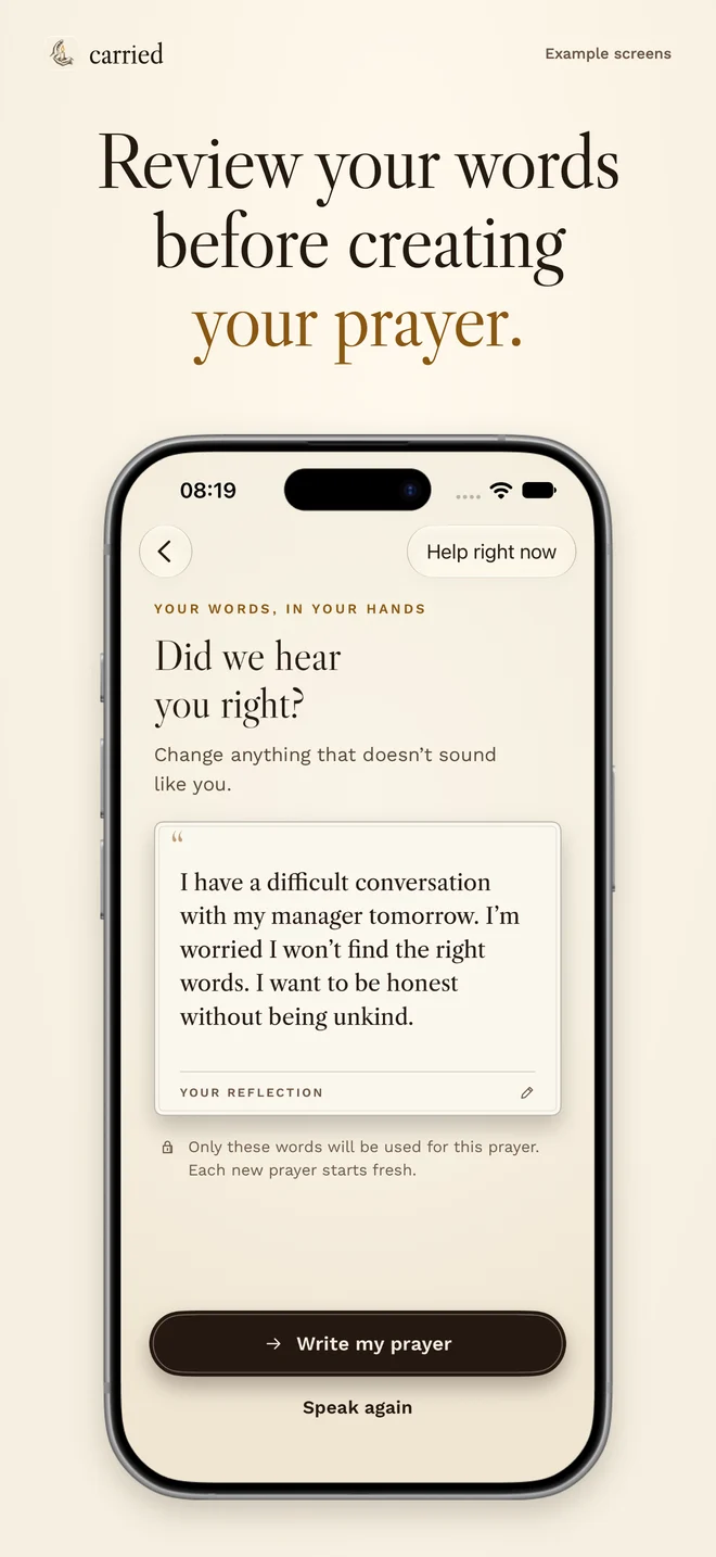 Carried App Store screenshot: Editable reflection ready to review before creating a prayer
