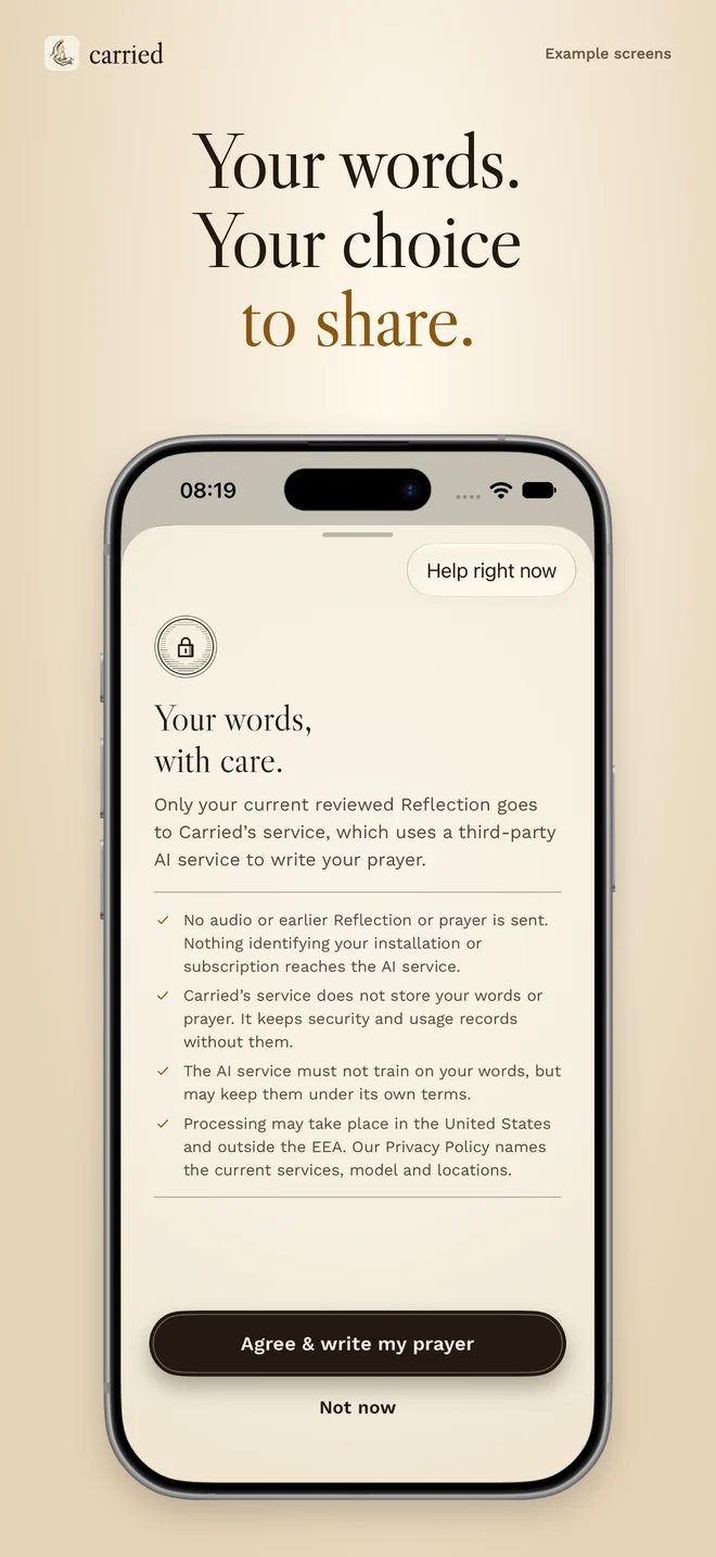 Carried App Store screenshot: Privacy consent screen before sharing reviewed words to create a prayer