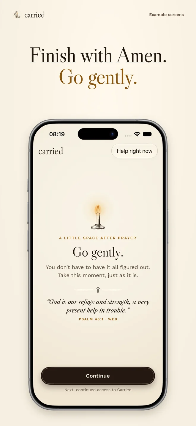Carried App Store screenshot: Completion screen with Scripture and space after Amen