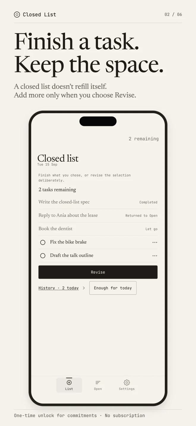 Closed List App Store screenshot: Finish a task, keep the space, showing resolved entries in a closed selection