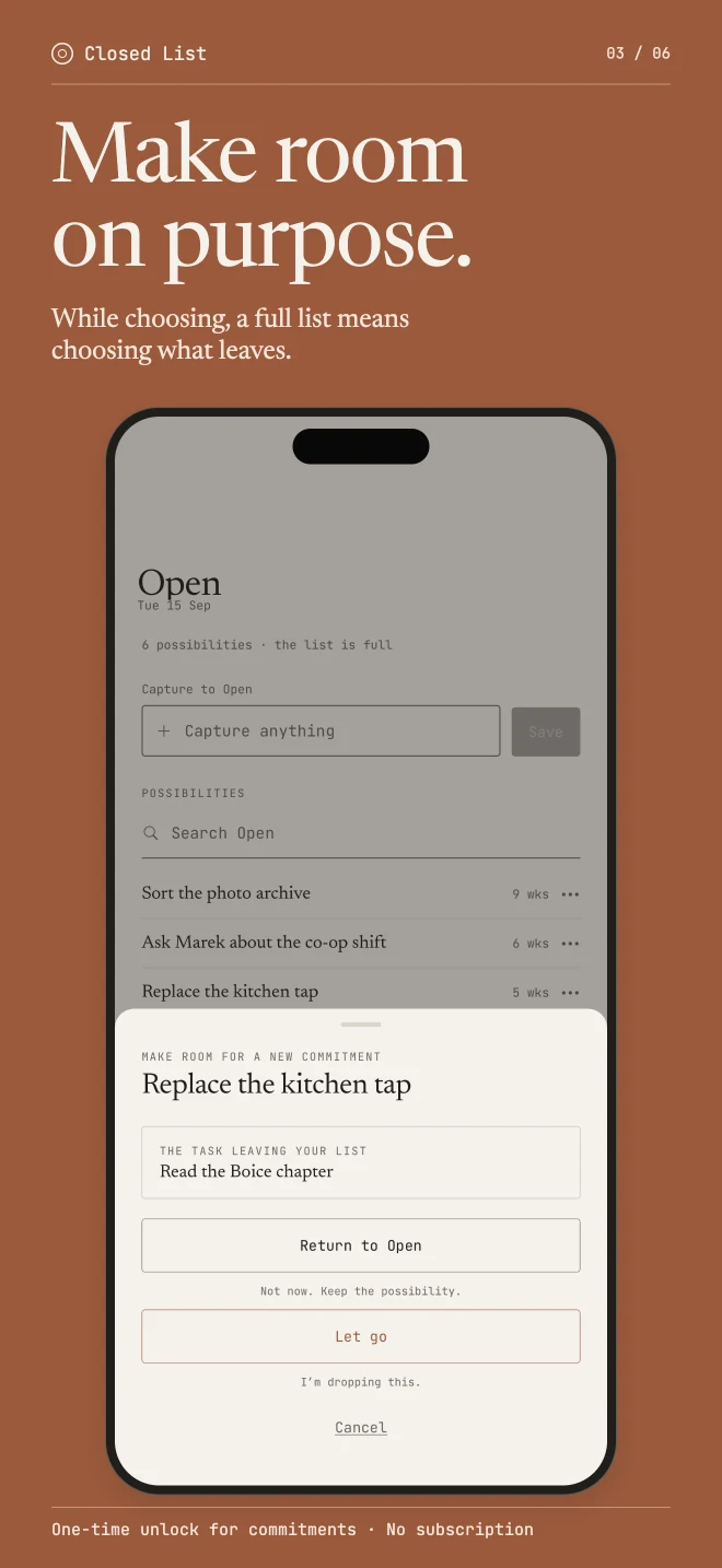 Closed List App Store screenshot: Make room on purpose, showing a choice to return or let go of a task