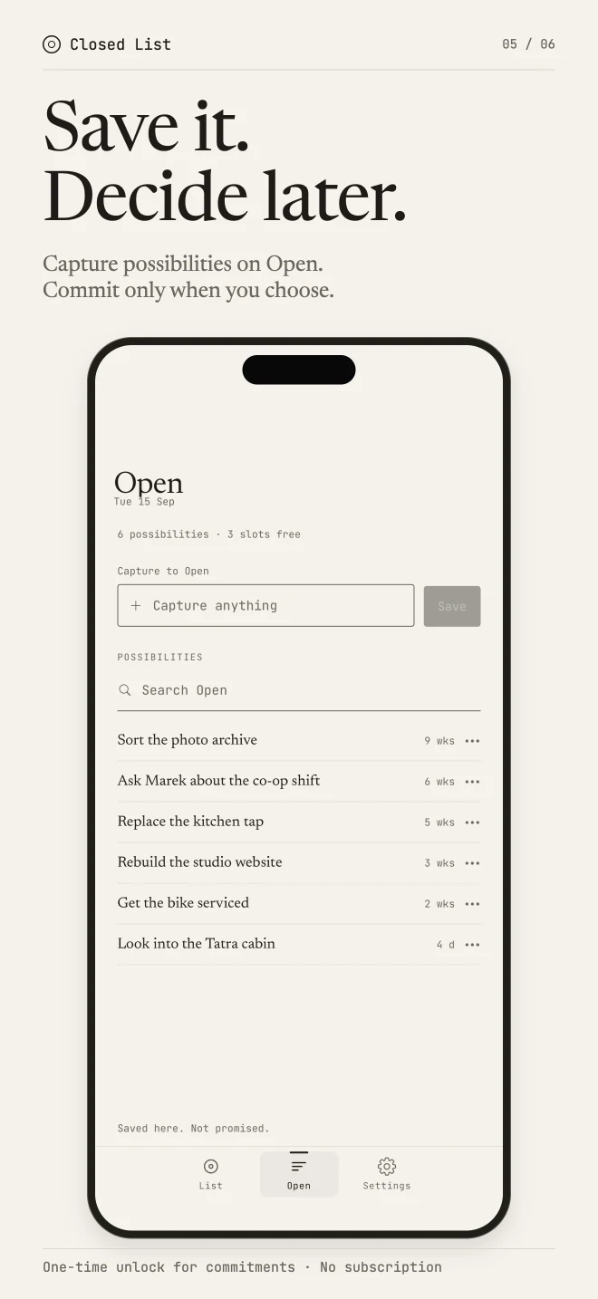 Closed List App Store screenshot: Save it, decide later, showing Open with six saved possibilities