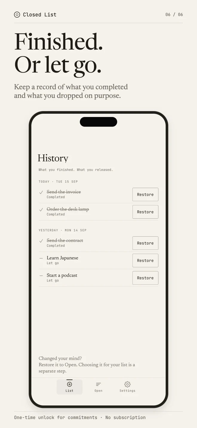 Closed List App Store screenshot: Finished or let go, showing completed and intentionally dropped tasks in History