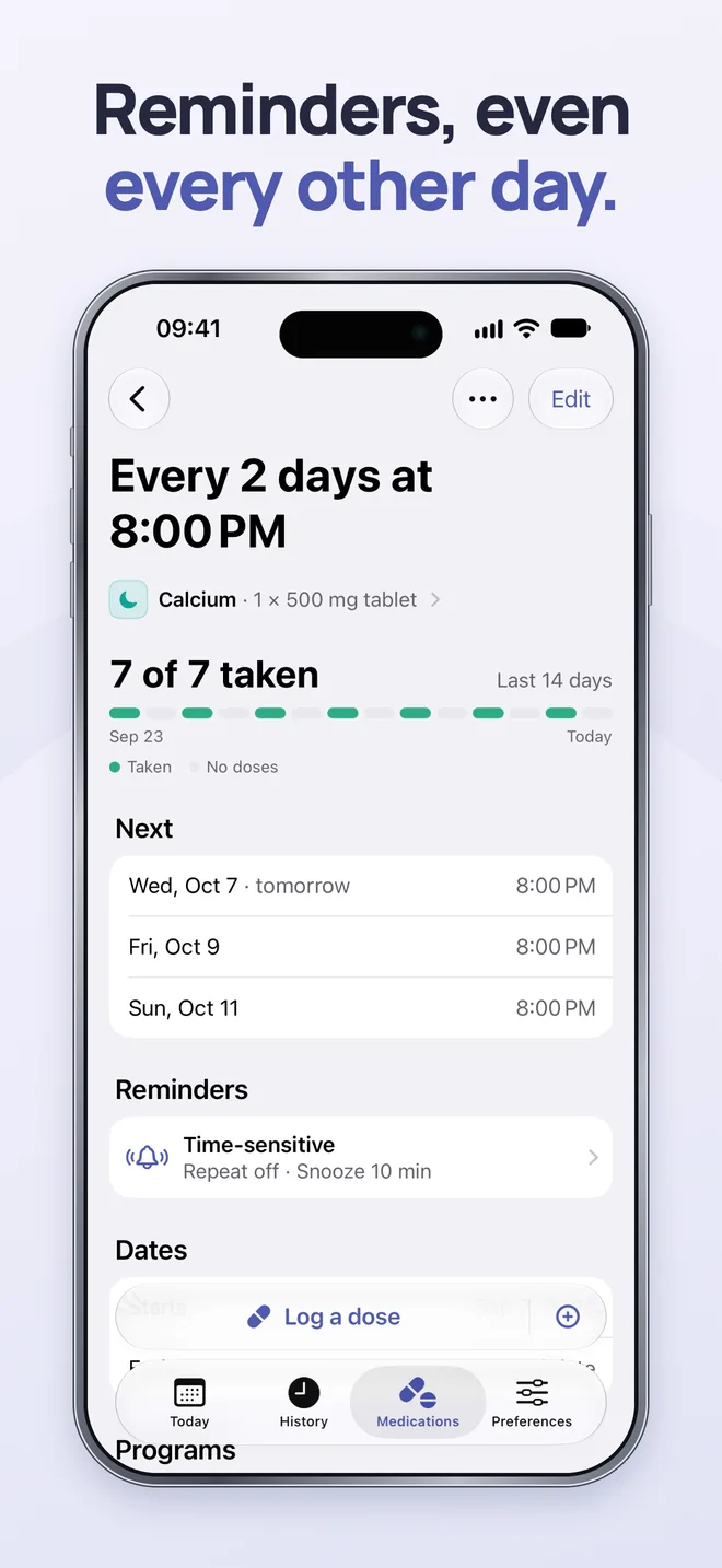 DoseWise App Store screenshot: Calcium every 2 days at 8:00 PM, 7 of 7 taken in the last 14 days, the next three doses and time-sensitive reminders
