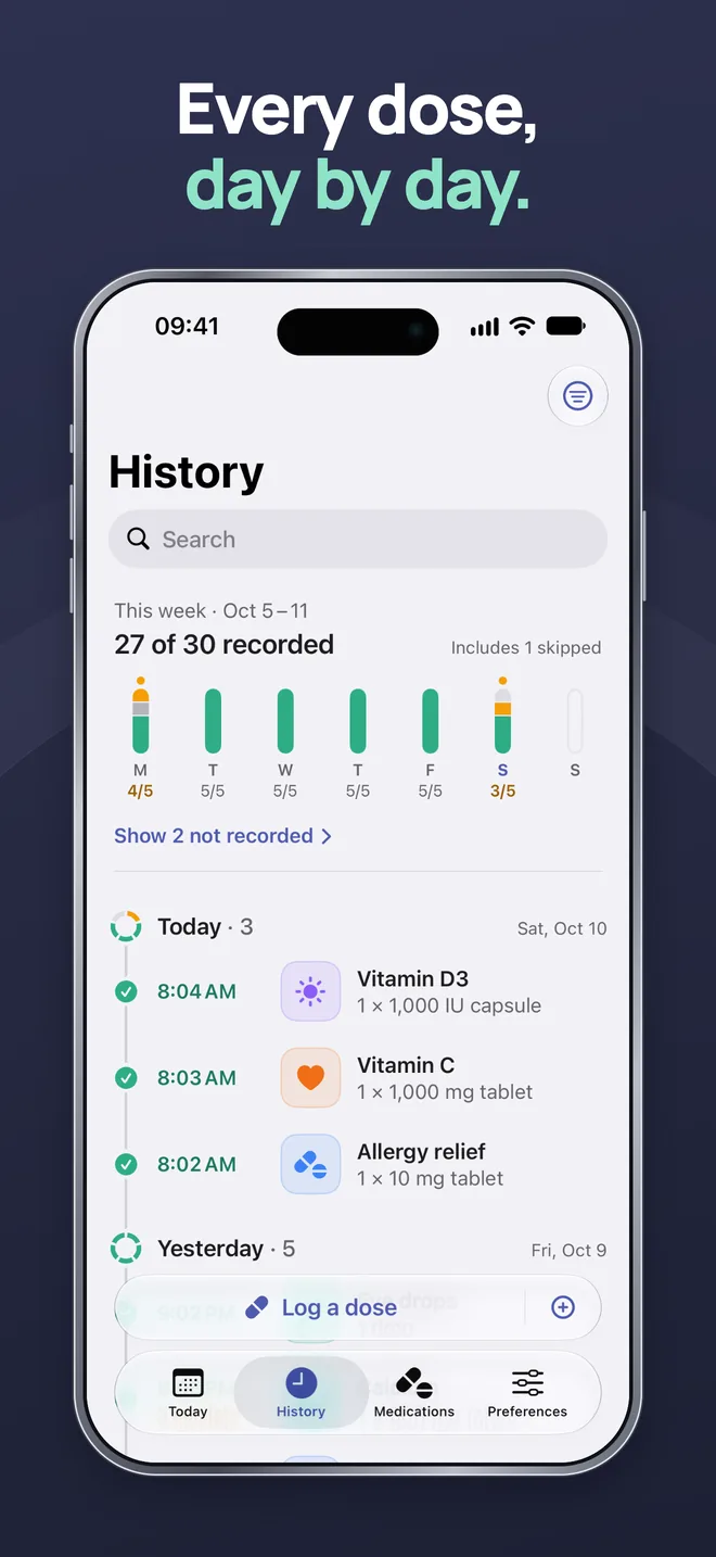 DoseWise App Store screenshot: History with 27 of 30 doses recorded this week and a day-by-day log of today and yesterday