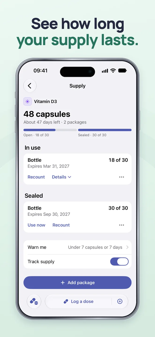 DoseWise App Store screenshot: Vitamin D3 supply with 48 capsules, about 47 days left, an open and a sealed bottle
