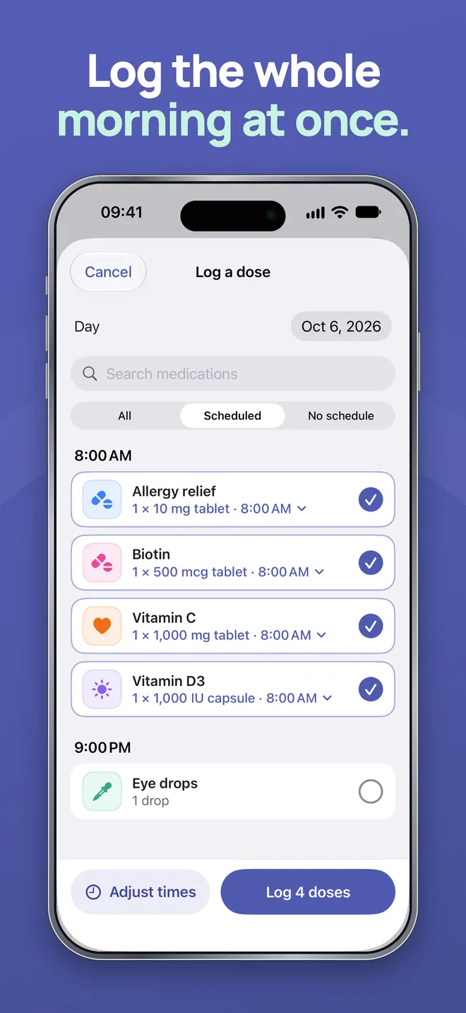 DoseWise App Store screenshot: Log a dose with four 8:00 AM doses selected, ready to log together