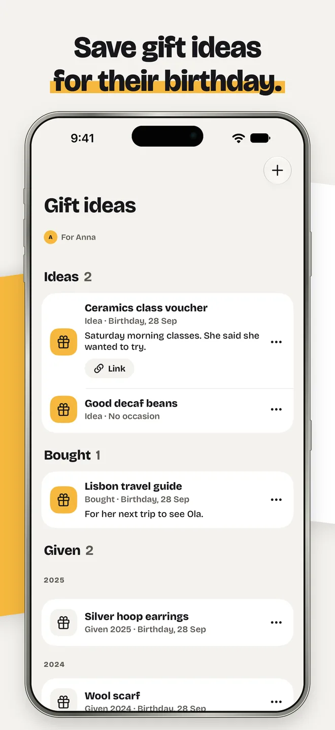 InTouch App Store screenshot: Anna’s gift ideas: a ceramics class voucher and good decaf beans, a bought Lisbon travel guide for her birthday on 28 September, and what she was given in 2025 and 2024