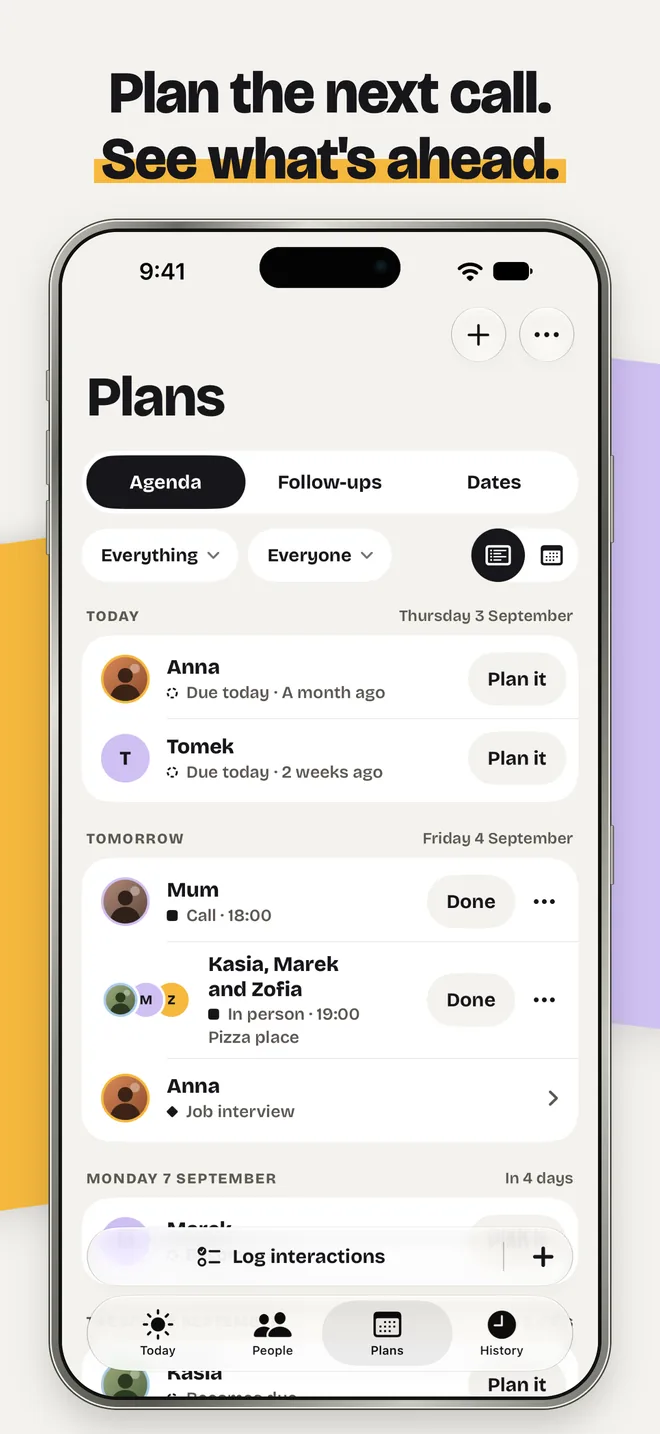 InTouch App Store screenshot: Plans agenda: Anna and Tomek due today with Plan it, tomorrow a call with Mum and pizza with Kasia, Marek and Zofia, and Anna’s job interview