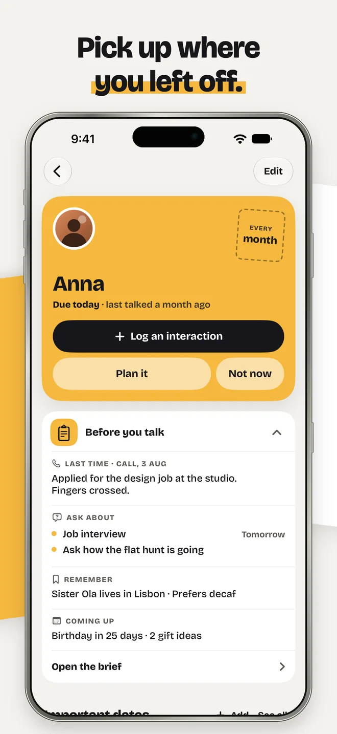 InTouch App Store screenshot: Anna’s page with Before you talk: last time a call on 3 August, ask about her job interview tomorrow, remember her sister Ola lives in Lisbon, birthday in 25 days with 2 gift ideas