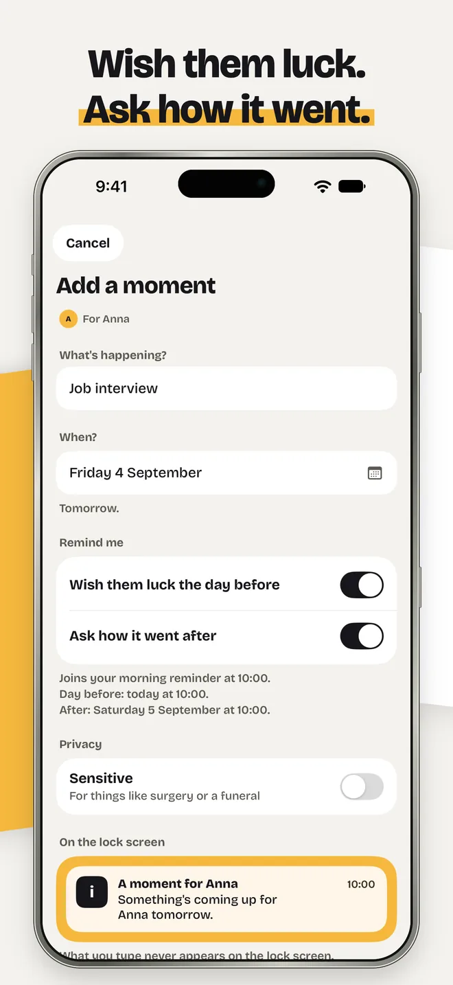 InTouch App Store screenshot: Add a moment for Anna: job interview tomorrow, reminders to wish luck the day before and ask after, and the lock-screen line it will show