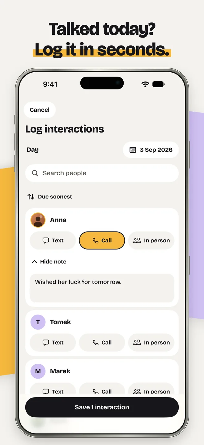InTouch App Store screenshot: Log interactions for 3 September: a call with Anna selected, with the note Wished her luck for tomorrow