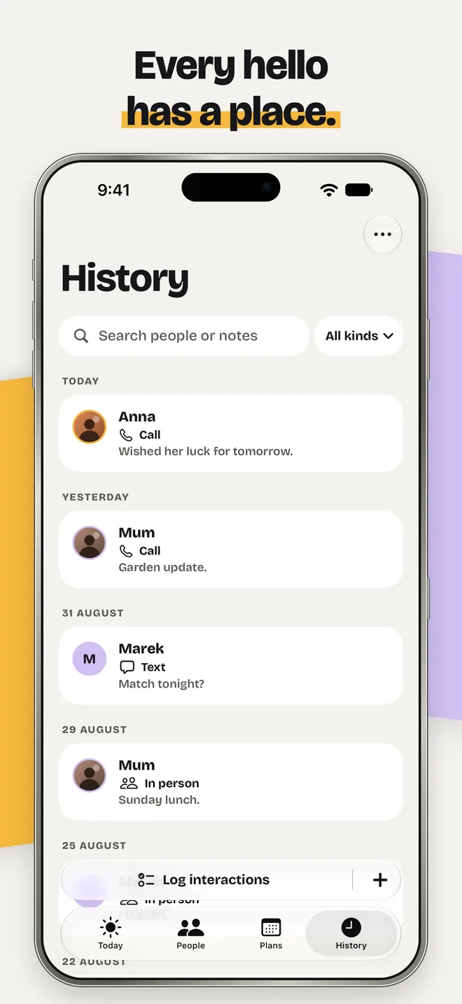 InTouch App Store screenshot: History: today’s call with Anna, yesterday’s call with Mum, and earlier days