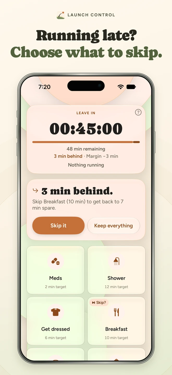 Launch Control App Store screenshot: A suggested droppable step, with the choice to skip it or keep everything