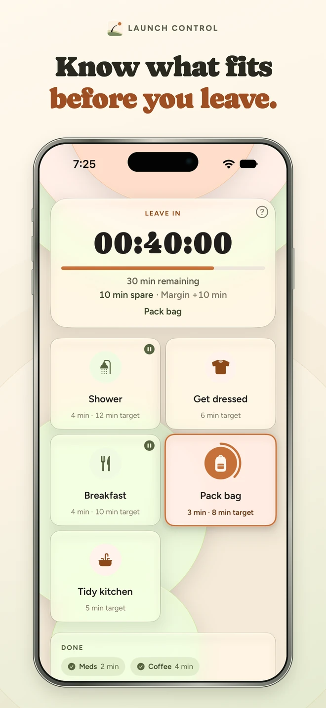 Launch Control App Store screenshot: Live Morning Board with time until leaving and spare time after remaining steps