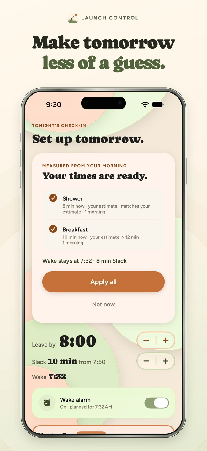 Launch Control App Store screenshot: Measured step durations offered for review before changing the next plan