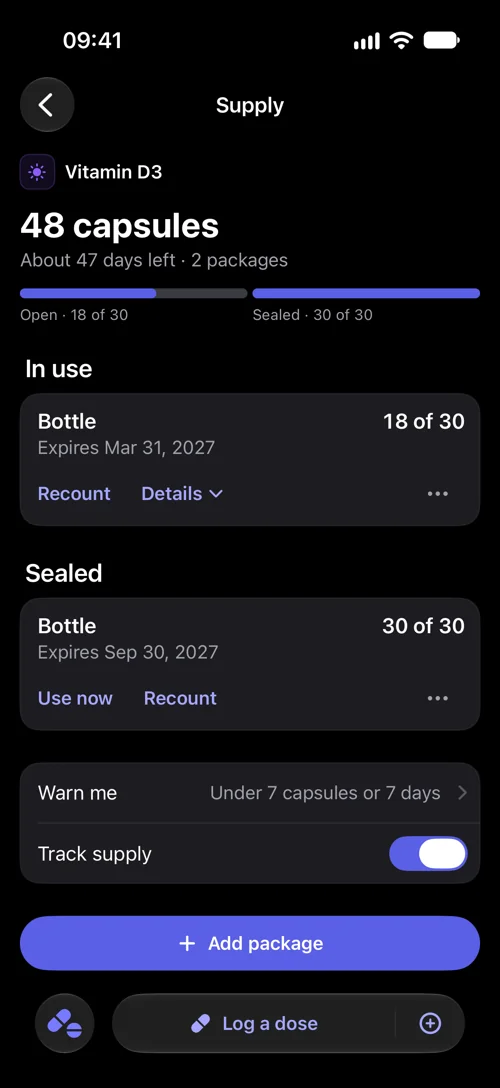 DoseWise Supply screen for Vitamin D3: 48 capsules in total across 2 packages, about 47 days remaining. The open bottle has 18 of 30 capsules left and expires March 31, 2027, and a sealed bottle holds 30 more.