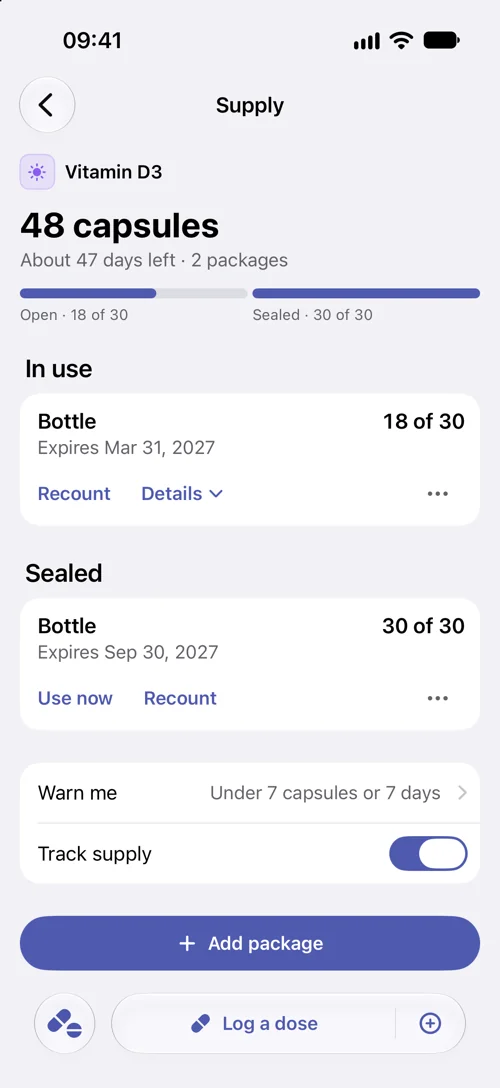 DoseWise Supply screen for Vitamin D3: 48 capsules in total across 2 packages, about 47 days remaining. The open bottle has 18 of 30 capsules left and expires March 31, 2027, and a sealed bottle holds 30 more.