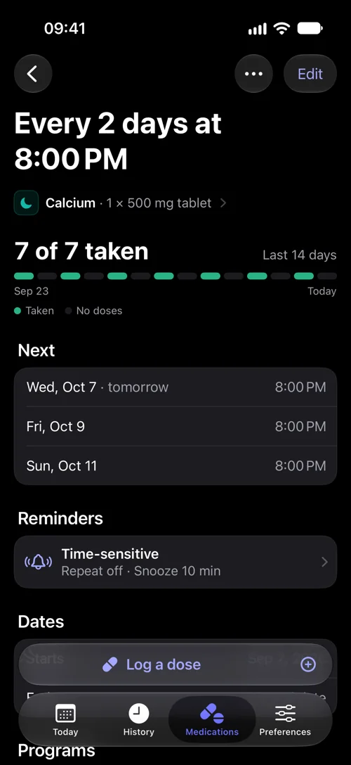 DoseWise schedule for Calcium, 1 × 500 mg tablet, every 2 days at 8:00 PM: 7 of 7 taken in the last 14 days, the next doses on October 7, 9 and 11, and time-sensitive reminders.