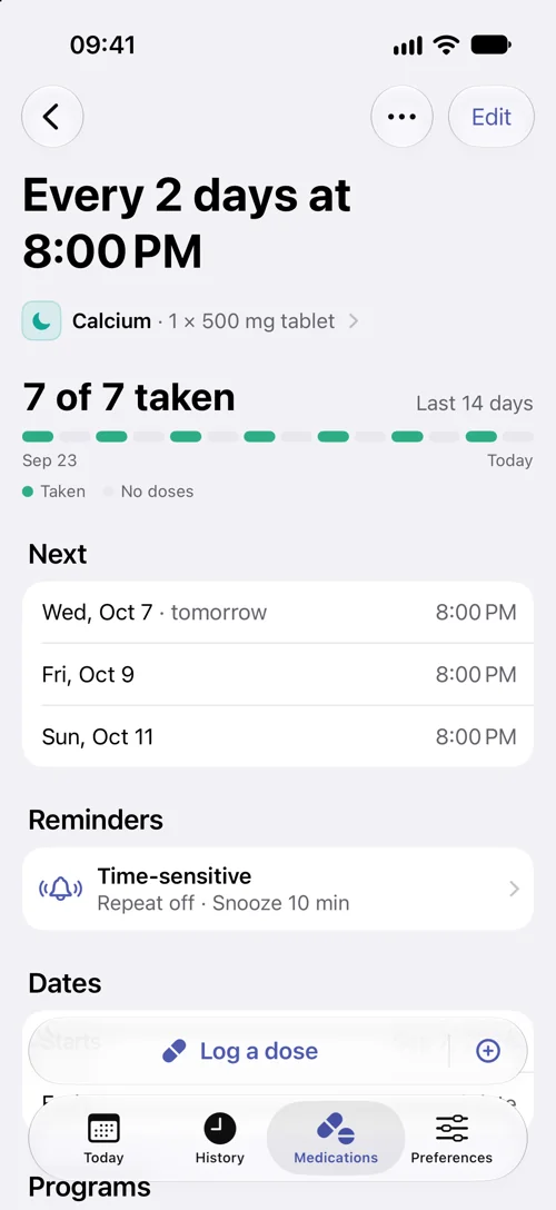 DoseWise schedule for Calcium, 1 × 500 mg tablet, every 2 days at 8:00 PM: 7 of 7 taken in the last 14 days, the next doses on October 7, 9 and 11, and time-sensitive reminders.