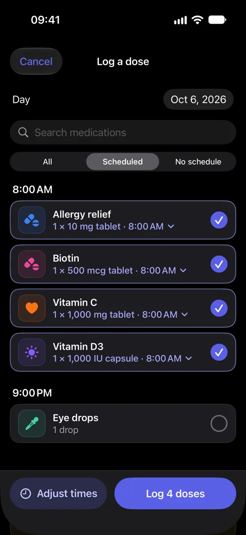 DoseWise Log a dose for October 6, 2026: Allergy relief, Biotin, Vitamin C and Vitamin D3 selected at 8:00 AM, with a Log 4 doses button.