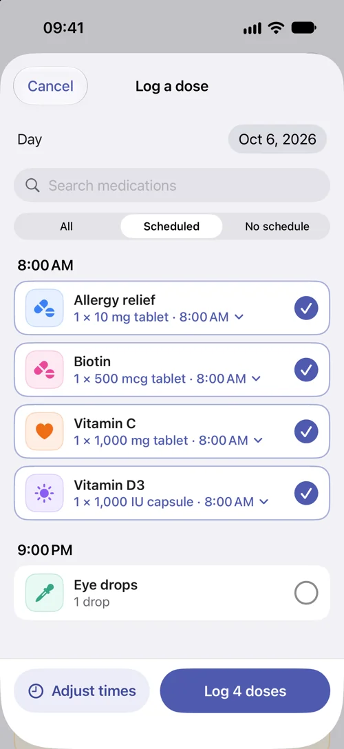 DoseWise Log a dose for October 6, 2026: Allergy relief, Biotin, Vitamin C and Vitamin D3 selected at 8:00 AM, with a Log 4 doses button.