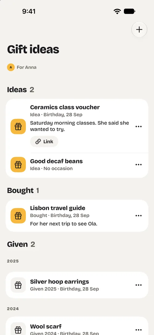Anna’s gift ideas: a ceramics class voucher and good decaf beans as ideas, a bought Lisbon travel guide for her birthday on 28 September, and what she was given in 2025 and 2024.