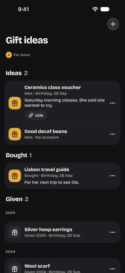 Anna’s gift ideas: a ceramics class voucher and good decaf beans as ideas, a bought Lisbon travel guide for her birthday on 28 September, and what she was given in 2025 and 2024.