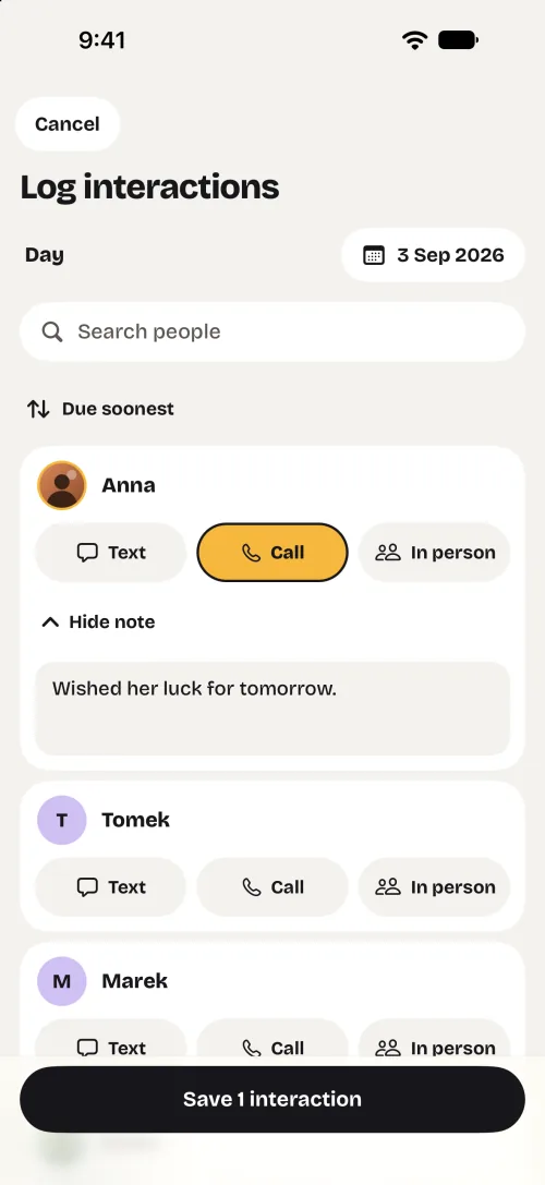 Log interactions for 3 September: a call with Anna selected, with the note “Wished her luck for tomorrow.”; Tomek and Marek below with Text, Call and In person; a Save 1 interaction button at the bottom.