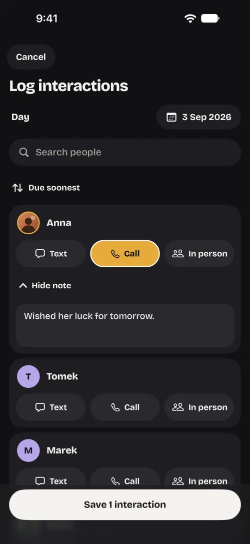 Log interactions for 3 September: a call with Anna selected, with the note “Wished her luck for tomorrow.”; Tomek and Marek below with Text, Call and In person; a Save 1 interaction button at the bottom.