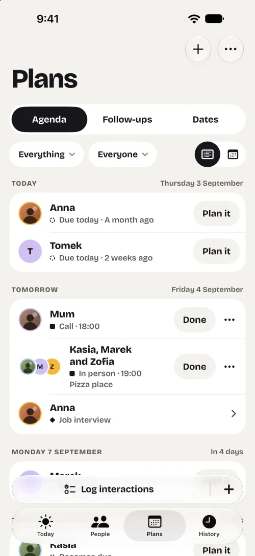 InTouch Plans, Agenda. Today, Thursday 3 September: Anna and Tomek are due, each with Plan it. Tomorrow: a call with Mum at 18:00, pizza with Kasia, Marek and Zofia at 19:00, and Anna’s job interview. Then Monday 7 September, in 4 days.