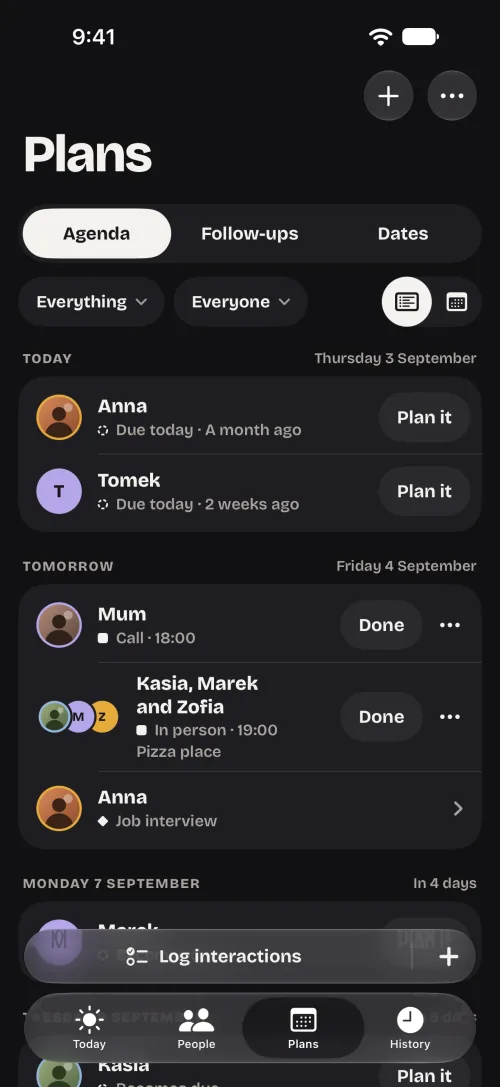 InTouch Plans, Agenda. Today, Thursday 3 September: Anna and Tomek are due, each with Plan it. Tomorrow: a call with Mum at 18:00, pizza with Kasia, Marek and Zofia at 19:00, and Anna’s job interview. Then Monday 7 September, in 4 days.